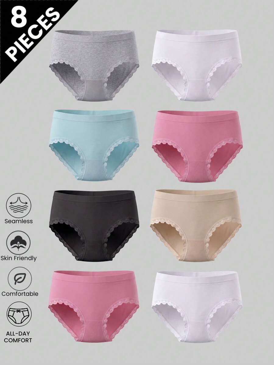 8pcs Girls Seamless Underwear Mid Waist Heart Lace Trim Briefs Soft Comfortable Tween Girl Panties For Back To School Daily Wear - Multicolor - View 1