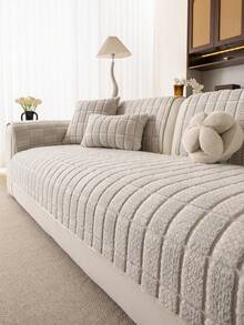 1PC Cozy Plush Velvet Jacquard Retro Checkered Autumn/Winter Thickened Sofa Cushion, New Style Sofa Decorative & Protective Cover, Non-Slip, Pet-Friendly, Machine Washable Seat Pad. - Light Grey - View 4