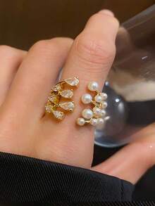 1pc Women's Open Ring, Multicolor Copper Inlaid CZ Faux Pearl Autumn Fashion Geometric Teardrop Open Ring, Daily Party Matching, Jewelry Gift - Open Ring - View 7