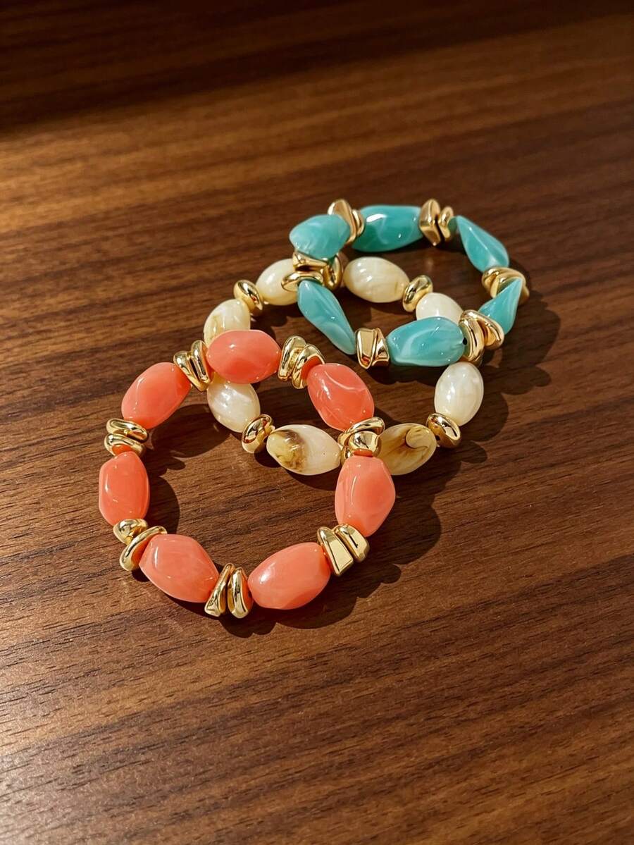 3pcs/Set Fashion Vintage Bohemian Thick Multi-Layer Acrylic Beaded Bracelet For Women (Due To Lighting And Angle, There May Be Slight Color Difference Between The Actual Product And The Image) Acrylic ABS Material