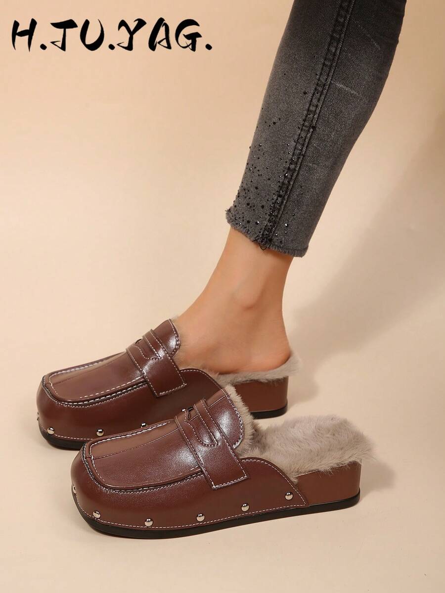 Women's New Autumn/Winter Flat French Vintage Versatile Slip-On Shoes, Soft Sole With Thermal Lining, Square Toe Slide Sandals For Commute, Casual And Beach Wear - Brown - View 1