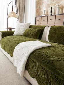1PC Thick Faux Rabbit Fur Sofa Cover, Cozy All‑Season 3D Leaf Floral Embossed Plush Couch Protector, Non‑Slip Machine Washable Pet Friendly Sofa Cushion Mat For Living Room Home Decor - Green - View 7