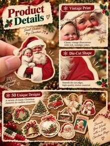 50 Stiker Natal Vintage + 1 Gulungan 500 Stiker Hadiah Bunga Merah, Paket Stiker Dekoratif DIY Liburan Retro untuk Scrapbook, Jurnal, Laptop, Pembungkus Kado, Kartu Natal, Perencana & Proyek Kerajinan Tangan - beraneka warna - View 4