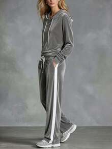 Solid Color V-Neck Gold Velvet Knit Long Sleeve Casual Hooded Top And Long Pants 2 Pieces Set - Grey - View 3