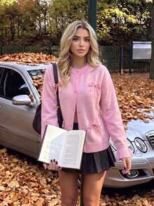 Women's SweetBalletcorePink Knit Cardigan3D Bow Decor Crew Neck SingleButton LongSleeve SweaterCasual Gentle Outerwear For Autumn Back‑To‑SchoolOutfit - Pink - View 5