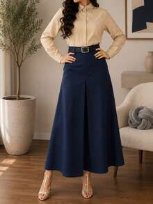 Women's Solid Color Elegant Casual Office A-Line Minimalist Daily Skirt - Navy Blue - View 3