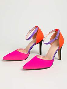 Women's Colorblock Pointed Toe Stiletto High Heels, Adjustable Ankle Strap Hollow Out Evening Shoes, Banquet Pumps - Hot Pink - View 5