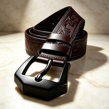 1pc Men's Luxury Belt, Vintage Style Belt, Black Alloy Buckle With Embossed PU Leather Strap, Suitable As Gift For Family, Birthday Gift - Brown - View 4