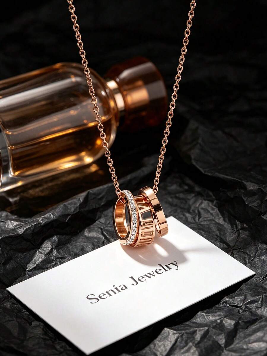 1pc Unisex Luxury Rose Gold Roman Numeral Triple Ring Necklace, Rhinestone Cylinder Pendant Collarbone Chain, High-End Niche Design Accessory, Versatile For Commute, Party, Date, Elegant Minimalist Style, Suitable For Saudi National Day/Thanksgiving/Mother's Day/Valentine's Day Gift - Triple Ring Necklace - View 1