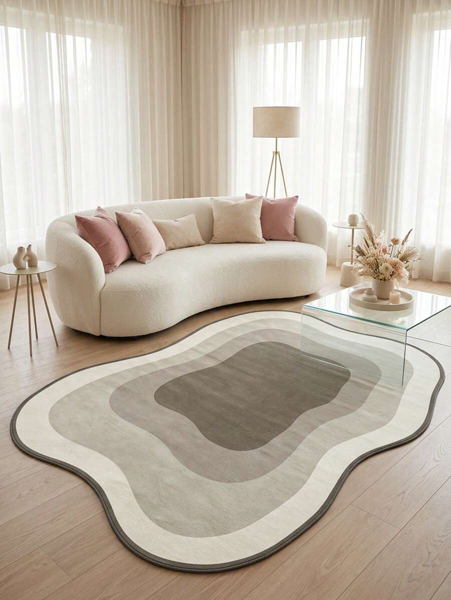 1PC Cream & Deep Coffee Multi-Layer Wavy Pattern Modern Minimalist Artistic Rug, Soft Vintage Style Faux Cashmere Asymmetrical Wavy Shape Concentric Gradient Coffee Ripple With Fine Border Detail, Machine Washable Area Rug, Suitable For Living Room, Bedroom, Balcony, All Season Home Decor - Multicolor - View 1
