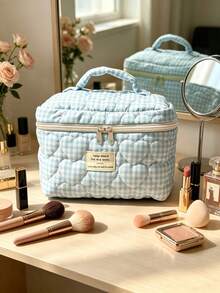 1pc/Set Plaid Pattern Cute Makeup Bag Set, Portable Travel Makeup Bag, Cosmetic Storage Bag, Jewelry Storage Bag, Multi-Functional Storage Bag, Women's Zipper Clutch, Can Store Cosmetics, Teacher's Day Gift, Friend Gift, Back To School Gift, Travel Essential, Cruise Essential, Dorm Essential - Baby Blue - View 11