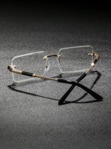 1 Pair Men's Rimless Black & Gold Metal Rectangular Plain Lens Glasses, Sophisticated Low-Key Elegant Intelligent High-End Eyewear, Suitable For Business, Evening Parties, Gatherings And Travel - Clear - View 6