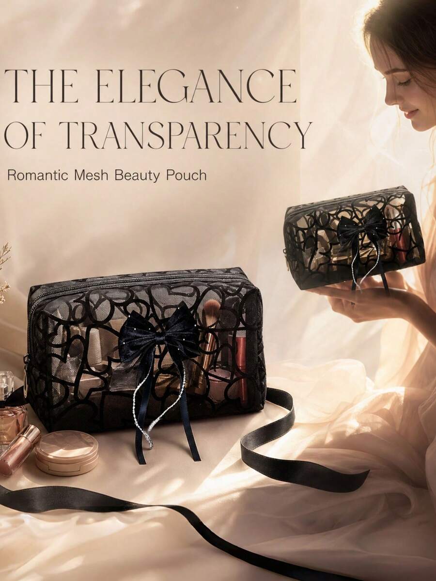 Black Mesh Multi-Purpose Storage Bag, Heart Pattern Makeup Bag With Elegant Bow Decoration, Lightweight Portable Zipper Storage Bag, Suitable For Travel, Toiletries, Small Accessories, Stationery, Makeup Brushes, Daily Practical Handheld Storage Bag Gift