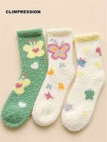 CLIMPRESSION Women's Plush Socks, Colorful Butterfly Print Coral Fleece Socks, Soft Fluffy Mid-Calf Slipper Socks, Comfortable Warm Winter Socks - Green - View 6