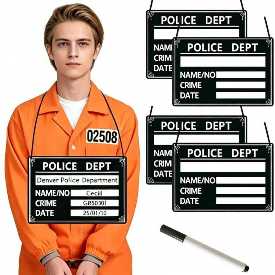 Halloween Prisoner Costume Name Tags, Prison Prisoner Name Labels 5pcs Set - Includes 4 Label Boards, 1 Pen - Suitable For Roleplay And Short Film Character Immersion Experience, Theme Party - Multicolor - View 1