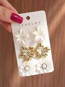 6/12PCS Fashionable Personalized Elegant Pearl Flower Rhinestone Gold Geometric Earrings Set Suitable For Party, Banquet, Travel, Wedding, Vacation, Daily Wear Jewelry Gift (Lightweight ABS Material, Non-Fading) - Gold - View 6
