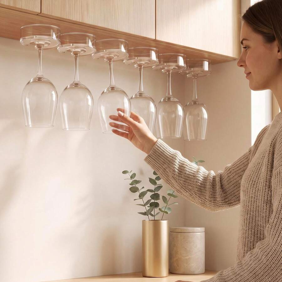 Clear Under Cabinet Wine Glass Rack, Hanging Stemware Holder, No Screws No Drilling Red Wine Glass Storage Organizer, 6pcs Set - 6-pack - View 1