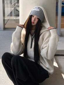 Women's Winter Half-Zip Hooded Knit Pullover Sweater Top - Apricot - View 1
