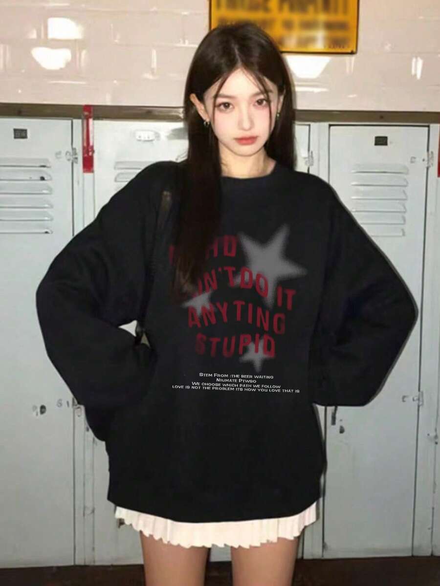 女款時尚秋冬寬鬆百搭圓領休閒字母與星星印花長袖T恤 - 黑色 - 查看 1