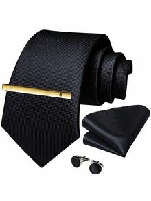 4-Piece Men's Business Formal Tie Set, Black Plaid Textured Pocket Square, Cufflinks, Gold Tie Clip, Wedding Outfit - Black - View 1