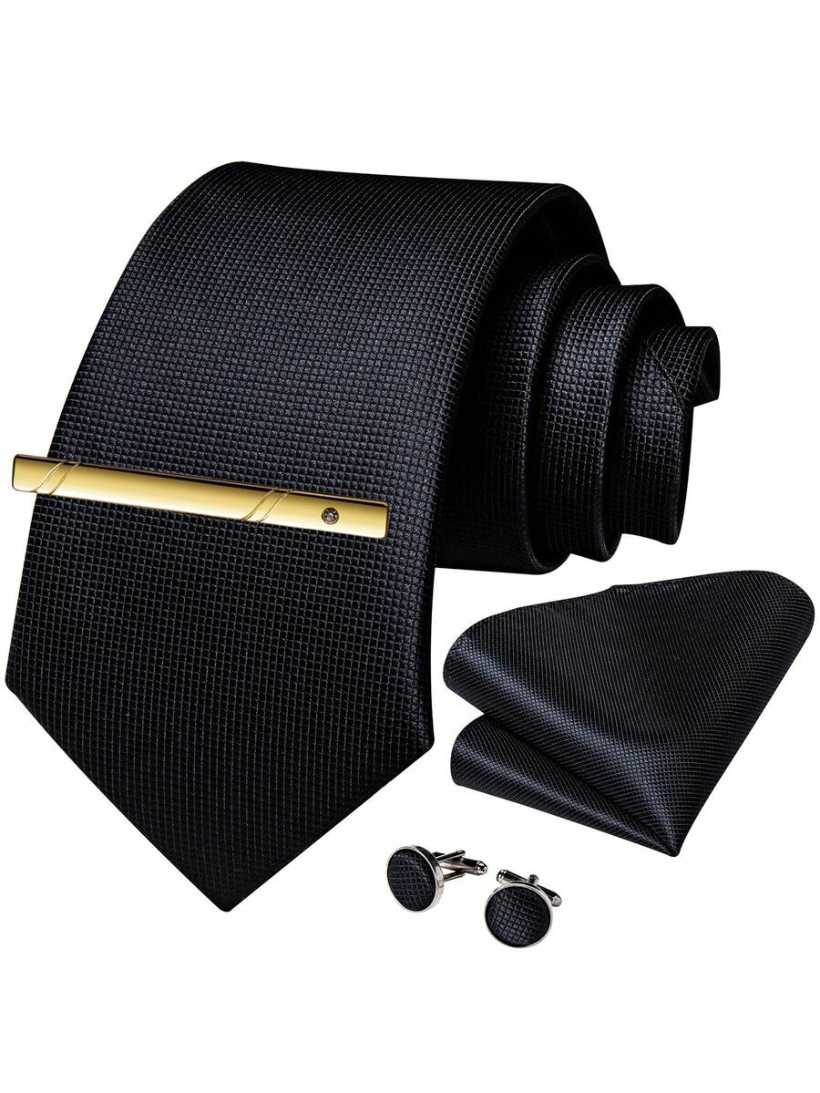 4-Piece Men's Business Formal Tie Set, Black Plaid Textured Pocket Square, Cufflinks, Gold Tie Clip, Wedding Outfit - Black - View 1