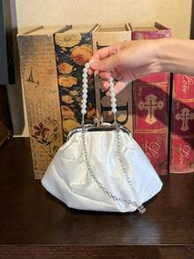 Dedoo 女款3D花卉晚宴手拿包，大尺寸緞面花朵搭配水鑽中心設計，珍珠串珠提把，優雅復古風，新娘婚禮手提包 - 白色 - 查看 6