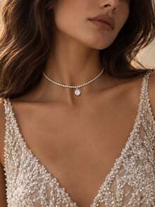 1pc Bridal Round Rhinestone Choker Necklace + Long Pearl Back Drop Necklace Design, Backless Wedding Dress Jewelry - Rhinestone - View 2