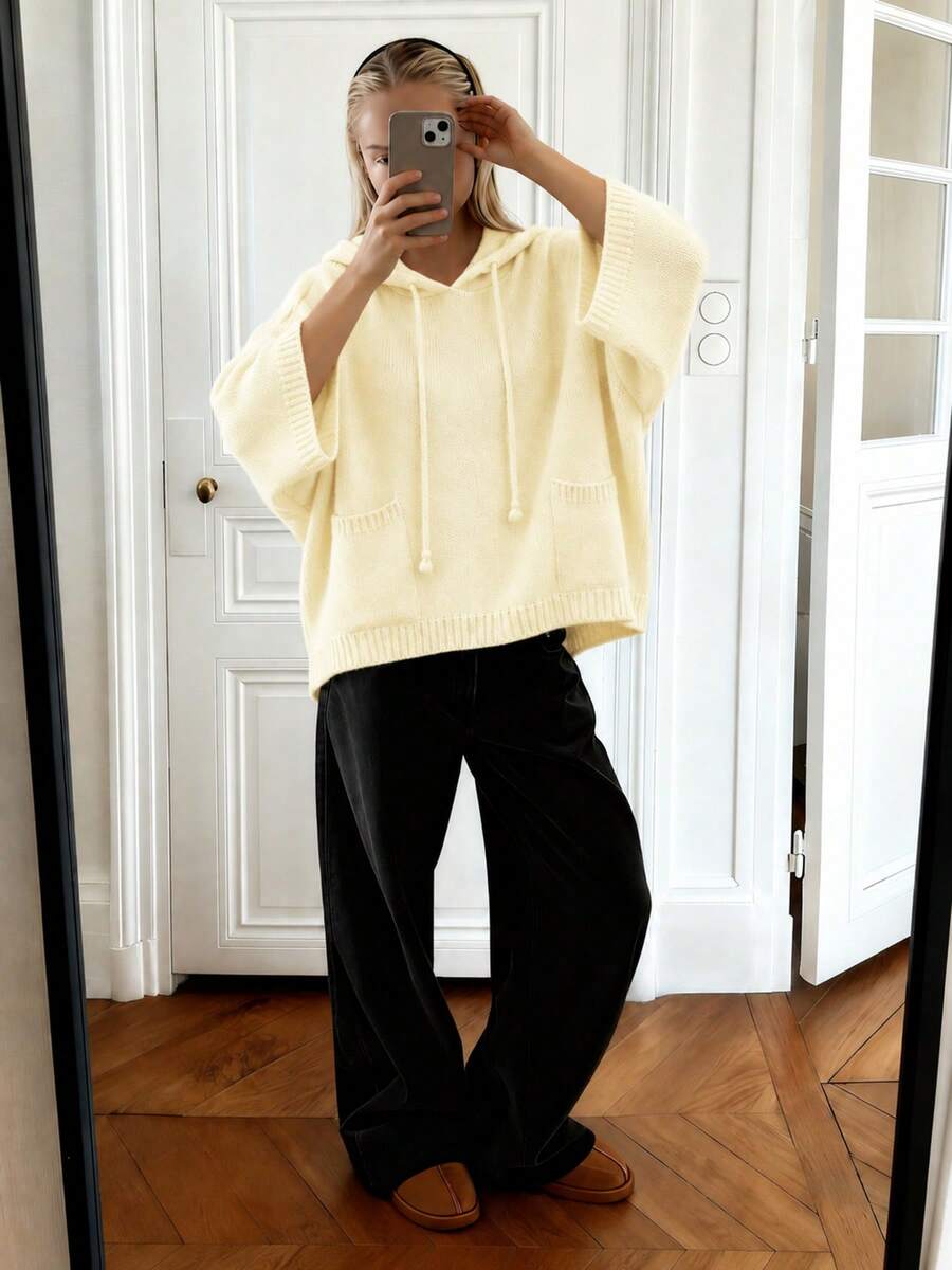 Plus Size Women's Solid Color Knit Fabric Pocket Drawstring Casual Versatile Commute Loose Hooded Pullover Sweater, Suitable For Vacation, Daily, Date, Autumn Single Piece - Pale Yellow - View 1