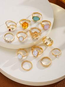13pcs Fashion Minimalist Bohemian Colorful Rhinestone Flower Faux Pearl Ring Set, Women's Vacation Date Party Holiday Birthday Gift, Daily Versatile - Yellow Gold - View 7