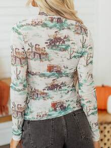 Women's Western Cactus Print Mesh Top, Small Stand Collar Long Sleeve Slim Fit Semi-Sheer Country Casual Style Autumn Blouse - Multicolor - View 3