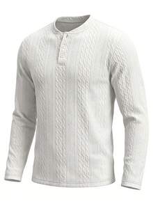 Men's Solid Color Jacquard Henley Long Sleeve Top, 3-Button Placket Slim Fit Textured Casual Pullover, Suitable For Spring And Autumn Daily Wear - White - View 5