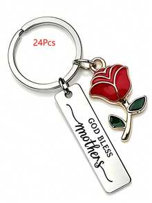 1pc/6pcs/15pcs/24pcs Long Strip Keychain, God Bless Mother Quote, Red Rose Oil Drop Pendant, Gratitude Gift For Mom - Silver - View 9