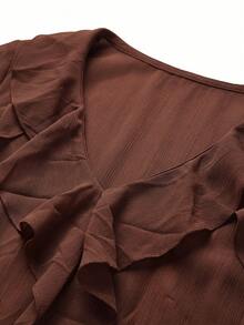 Women's V-Neck Ruffle Chiffon Blouse Brown Semi-Sheer Bell Sleeve Top - Brown - View 9