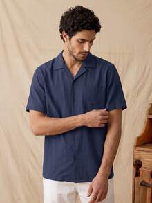 glestore Men's Retro "Old Money" Style Solid-Color Short-Sleeve Summer Shirt For Everyday Commuting And Casual Wear - Navy Blue - View 4