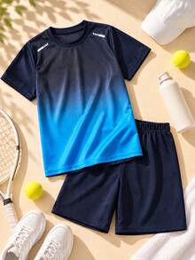 2pcs/Set Boys Dark Blue Gradient Sports T-Shirt & Shorts Set, Short Sleeve Athletic Outfit, Suitable For School, Running, Training, Basketball And Outdoor Activities - Multicolor - View 2
