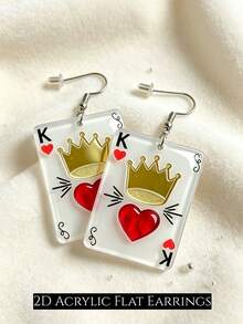 2D Flat Heart K Poker Card Dangle Earrings, Gold Crown Red Heart Acrylic Pendant Earrings, Creative Personalized Poker Card Jewelry, Valentine's Day Gift - King Of Hearts - View 7