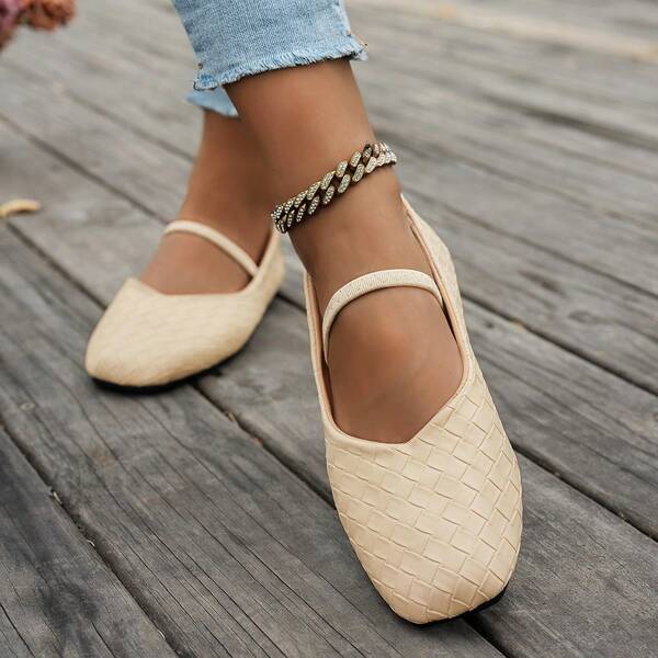 Women's Square Toe Flat Shoes, Fashion Retro Woven V-Cut Flats, Mary Jane Single Strap Ballet Shoes, Commute Office, Suitable For All Seasons