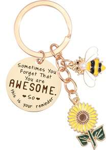 Sunflower Keychain Women's Inspirational Gift - Inspirational Key Ring Friendship Keychain Gift, Yellow Sunflower Bee Keychain - Gold - View 7