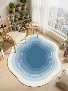 1PC Cream, Light Blue, Dark Blue Multi-Layer Wave Pattern Modern Minimalist Art Rug, Fresh Minimalist Style Faux Cashmere Asymmetrical Wave Asymmetrical Concentric Gradient Blue & White Ripples With Fine Edge Detail, Machine Washable Area Rug, Suitable For Living Room, Bedroom, Balcony, All Seasons, Aesthetic Home Decor - Multicolor - View 6