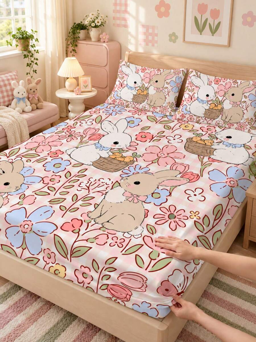 2/3 Piece Set Cute Rabbit & Floral Pattern Fitted Sheet, Fitted Sheet & Mattress Protector, Pink & White Plaid, Soft Comfortable Breathable, All Season, Fits All Bed Sizes (Twin/Full/King/Queen), Deep Pocket Design, Suitable For Bedroom, Dorm, Hotel, Machine Washable - Multicolor - View 1