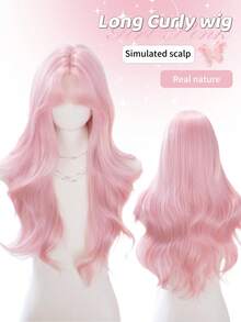 alicegarden 26-Inch Long Synthetic Wig Featuring A Natural Wavy Style In A A Stunning Pink. Designed With Bangs , This False Hairpiece Is Perfect For Ms Daily Party Cosplay Use, Offering A Natural And Natural Durable Wig Gift For Ladies. - Pink - View 1