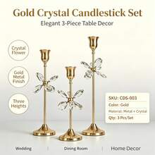 Gold Crystal Candlestick Set Of 3, Flower Crystal Metal Taper Candle Holders, Elegant Table Centerpiece Decor For Wedding Dining Room Home Party Does Not Include Candles. - Multicolor - View 2