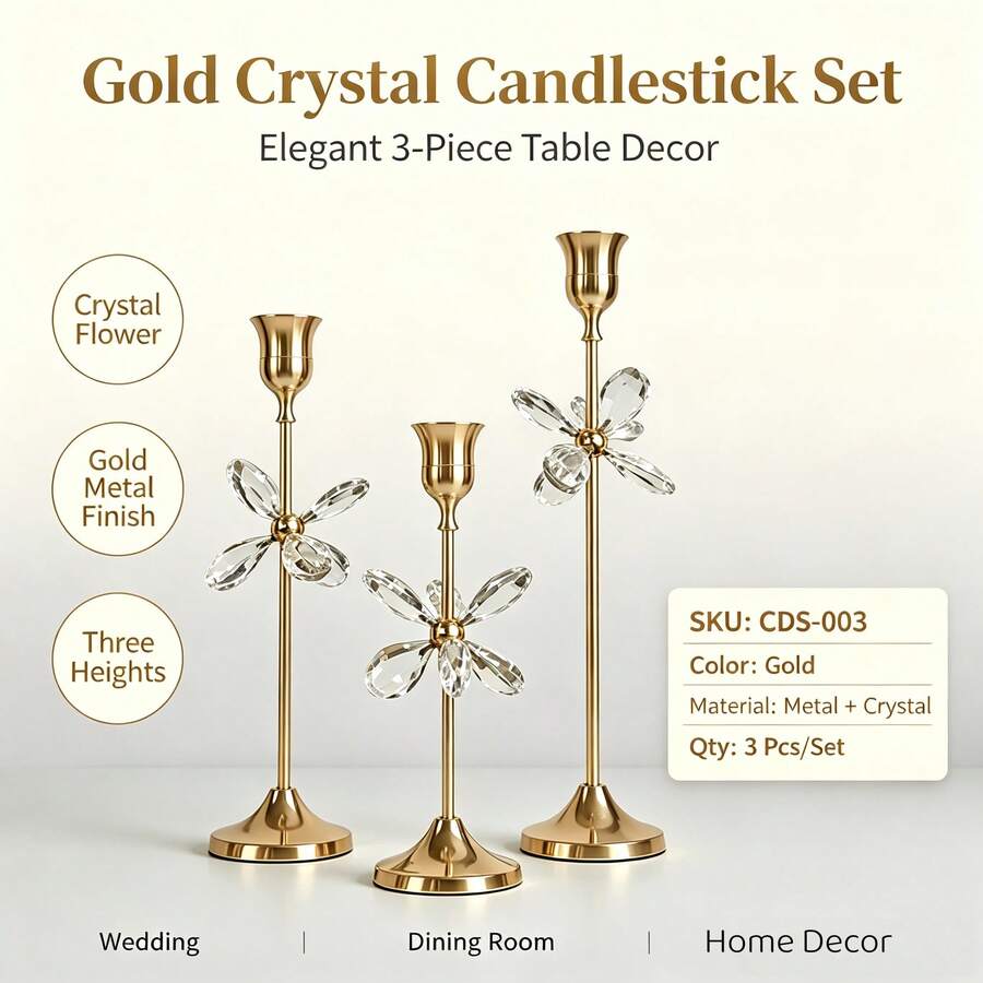 Gold Crystal Candlestick Set Of 3, Flower Crystal Metal Taper Candle Holders, Elegant Table Centerpiece Decor For Wedding Dining Room Home Party Does Not Include Candles.