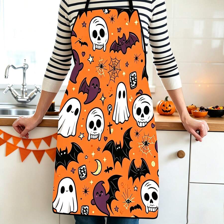 This Halloween-Themed Skull, Ghost And Bat Print Cooking Apron Is Perfect For Kitchen Parties, Durable And Easy To Clean, A Kitchen Essential. Suitable For Cooking, Baking, And Also As A Halloween Gift. - Multicolor - View 1