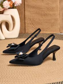 Women's Solid Color Elegant Commute Party Fabric Bow Pearl Backless High Heel Pumps Low Vamp Shoes Wedding Party Office All Season - Black - View 4