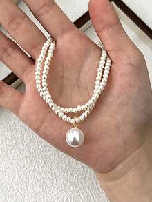 1pc Double Layer Faux Pearl Necklace, Fashionable Niche Elegant Collarbone Chain - White - View 2