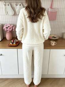 2pcs/Set Women's Cute Plush Long Sleeve Top + Straight Leg Pants Comfortable Casual Pajama Set - White - View 6