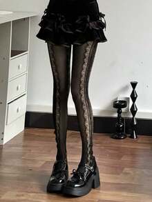 STAR RIVER 1 Pair Lolita Lace Heart Pattern Fishnet Tights, Sweet Minimalist Sexy Cute Bowknot Pantyhose, Versatile For Daily Wear - Multicolor - View 11