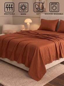 4pcs Solid Rust Red Fitted Sheet Set (1 Fitted Sheet + 1 Flat Sheet + 2 Pillowcases), Simple And Versatile Design Made Of Skin-Friendly Polyester Fabric In Classic Minimalist Style. Perfect For Master Bedrooms, Guest Rooms And Secondary Bedrooms - Multicolor - View 6