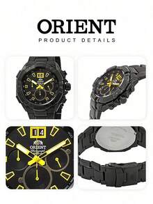 Orient Men's All-Black IP Plated Chronograph Quartz Watch, Racing Style Black & Yellow Contrast Dial, Speedometer Scale, Large Dual Window Date, Durable Sports Watch - Black - View 5